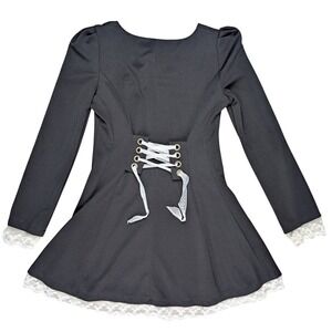 Black Gothic Lolita Long Sleeve Corset Lace Back Fitted Dress A Line Skirt